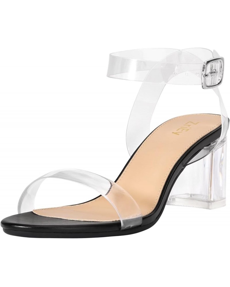 Women's Strappy Chunky Low Heeled Sandals 2 Inch Open Toe Block Heels Ankle Strap Adjustable Buckle Lucite Block High Heel Sh...