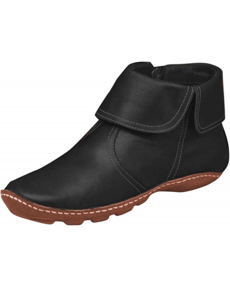 Boots for Women Outdoor Fashion Up Toe Flat Round Boots Vintage Pleated Women's Zip Winter women's boots Us Boot Black $17.57...