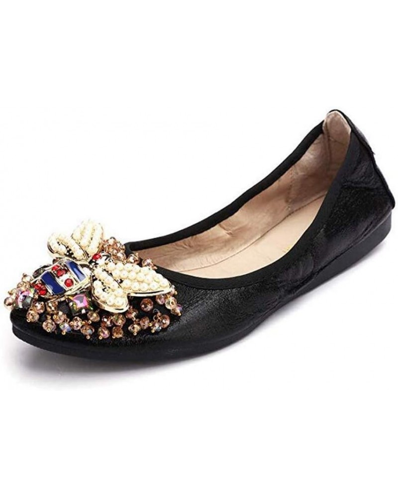 Women Ballet Flats Rhinestone Wedding Ballerina Shoes Foldable Sparkly Comfort Slip on Flat Shoes Black-i $11.20 Flats