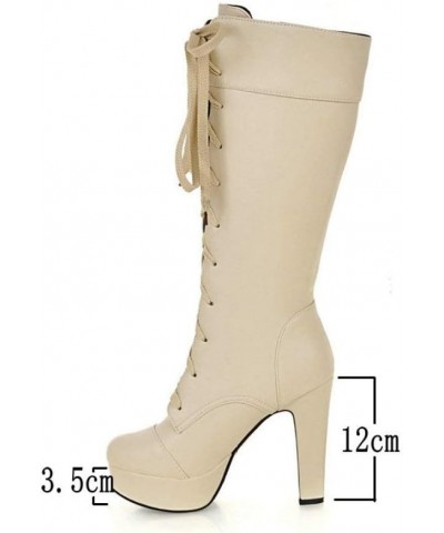 Women's High Heel Knee High Bootie Lace-Up Motorcycle Combat Boots Round Toe Platform Shoes Beige $31.73 Boots