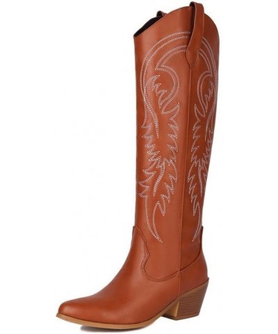 Womens Western Cowboy Cowgirl Boots Embroidered Pointed Toe Chunky Heel Retro Knee High Boot Brown $33.72 Boots