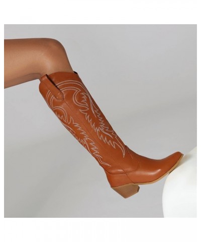 Womens Western Cowboy Cowgirl Boots Embroidered Pointed Toe Chunky Heel Retro Knee High Boot Brown $33.72 Boots