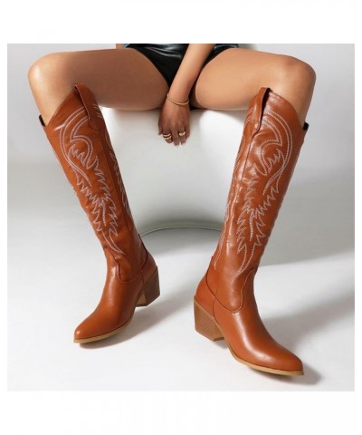 Womens Western Cowboy Cowgirl Boots Embroidered Pointed Toe Chunky Heel Retro Knee High Boot Brown $33.72 Boots