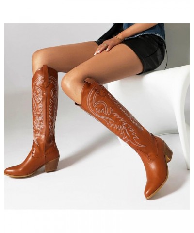 Womens Western Cowboy Cowgirl Boots Embroidered Pointed Toe Chunky Heel Retro Knee High Boot Brown $33.72 Boots