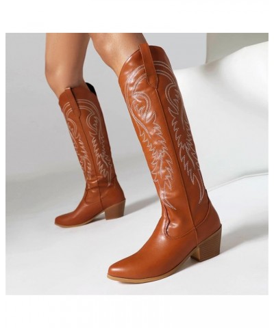 Womens Western Cowboy Cowgirl Boots Embroidered Pointed Toe Chunky Heel Retro Knee High Boot Brown $33.72 Boots