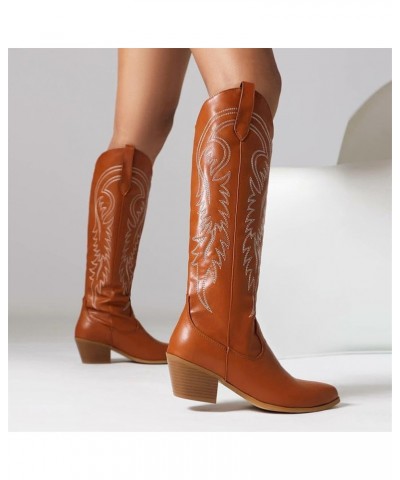 Womens Western Cowboy Cowgirl Boots Embroidered Pointed Toe Chunky Heel Retro Knee High Boot Brown $33.72 Boots