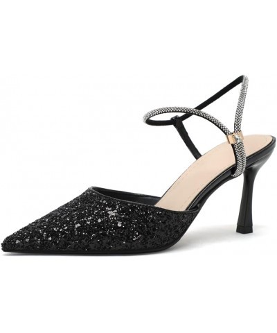 Women's Glitter Closed Pointed Toe Stilettos Heeled Sandals Bling Slip On Fashion Party Wedding Sandal 1.97"black $30.08 Sandals