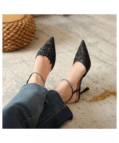 Women's Glitter Closed Pointed Toe Stilettos Heeled Sandals Bling Slip On Fashion Party Wedding Sandal 1.97"black $30.08 Sandals