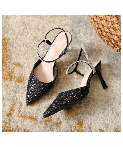 Women's Glitter Closed Pointed Toe Stilettos Heeled Sandals Bling Slip On Fashion Party Wedding Sandal 1.97"black $30.08 Sandals