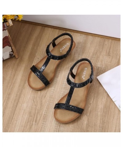 Women's Ankle Strap Flat Sandals, Women Sandals Peep Toe T Strap Bohemia Women Sandals Flats Flip Flops Beach Z 05-black $15....