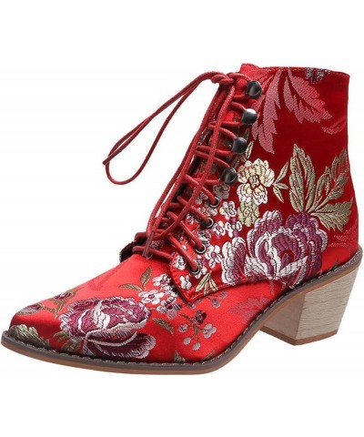 Women's Vintage Ankle Boots Embroidered Low Block Heel Cowboy Booties Lace up Dahong $25.83 Boots