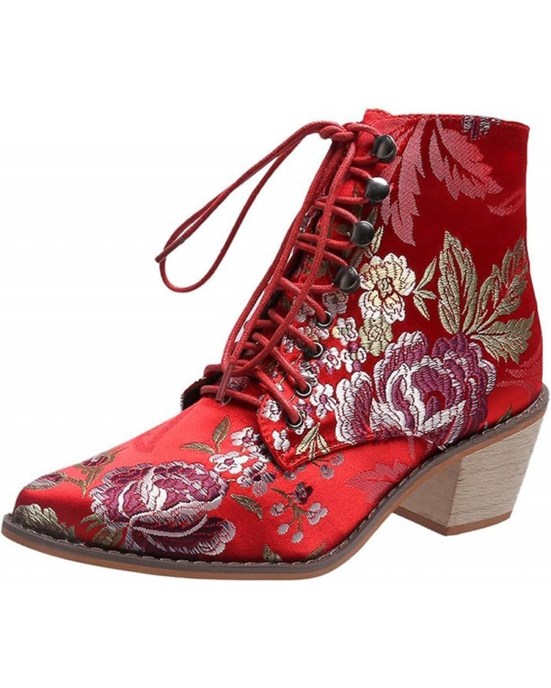 Women's Vintage Ankle Boots Embroidered Low Block Heel Cowboy Booties Lace up Dahong $25.83 Boots