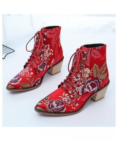 Women's Vintage Ankle Boots Embroidered Low Block Heel Cowboy Booties Lace up Dahong $25.83 Boots