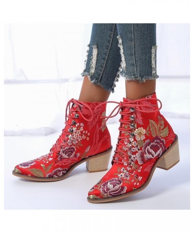 Women's Vintage Ankle Boots Embroidered Low Block Heel Cowboy Booties Lace up Dahong $25.83 Boots