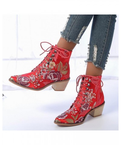 Women's Vintage Ankle Boots Embroidered Low Block Heel Cowboy Booties Lace up Dahong $25.83 Boots