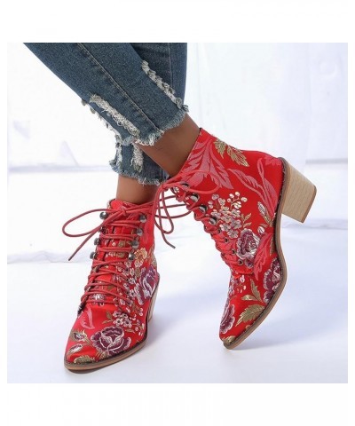 Women's Vintage Ankle Boots Embroidered Low Block Heel Cowboy Booties Lace up Dahong $25.83 Boots