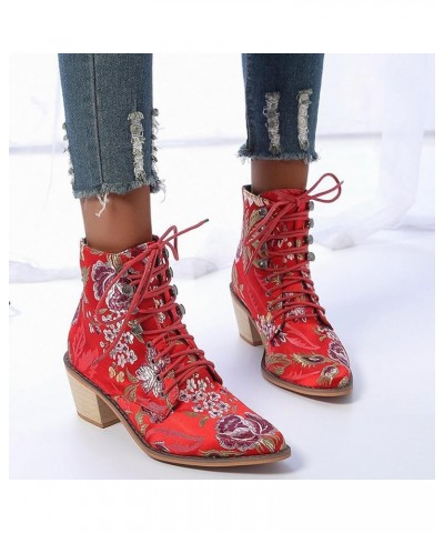 Women's Vintage Ankle Boots Embroidered Low Block Heel Cowboy Booties Lace up Dahong $25.83 Boots