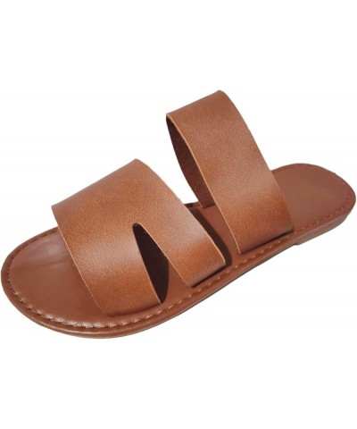 Ladies Fashion Summer Solid Color Leather Open Toe Flat Bottom Beach Slippers Vegan Slippers for Women Brown $13.06 Slippers