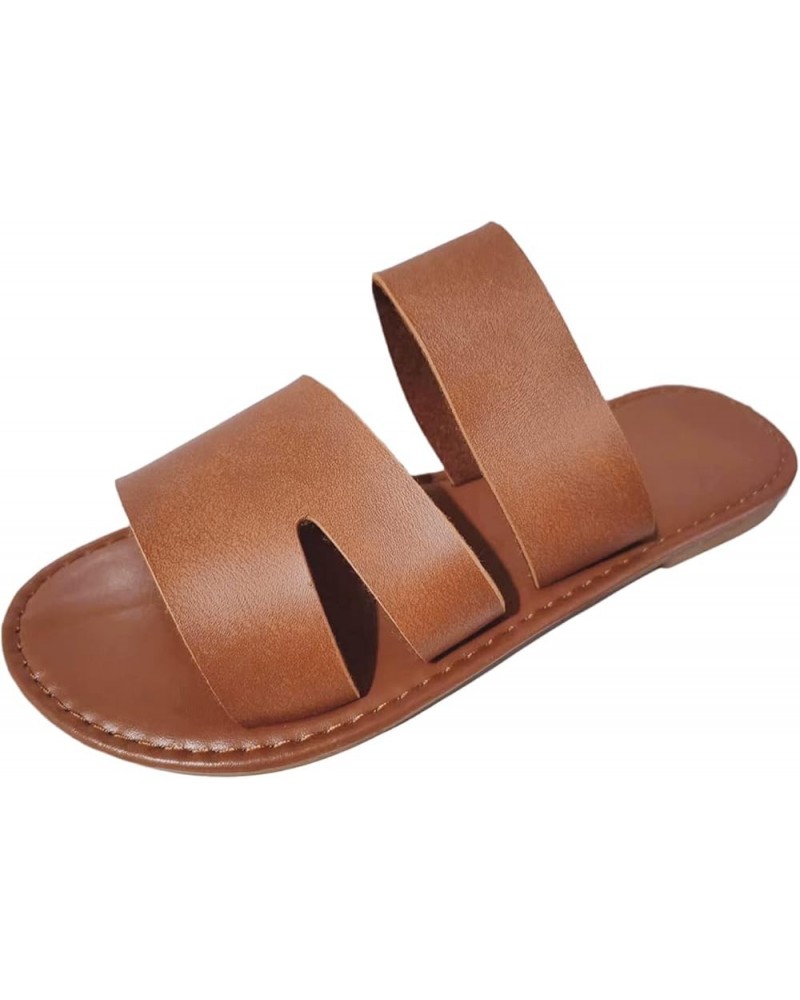 Ladies Fashion Summer Solid Color Leather Open Toe Flat Bottom Beach Slippers Vegan Slippers for Women Brown $13.06 Slippers