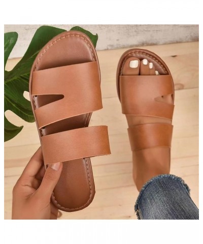 Ladies Fashion Summer Solid Color Leather Open Toe Flat Bottom Beach Slippers Vegan Slippers for Women Brown $13.06 Slippers