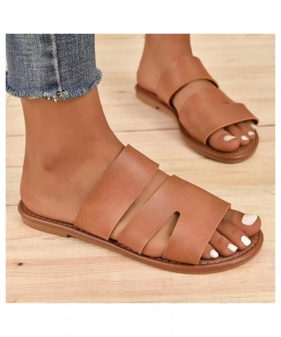 Ladies Fashion Summer Solid Color Leather Open Toe Flat Bottom Beach Slippers Vegan Slippers for Women Brown $13.06 Slippers