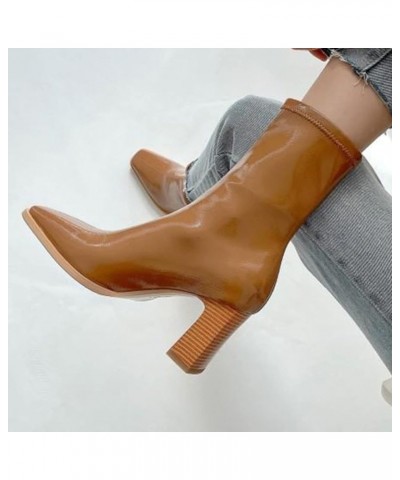 Ankle Booties Women Wide Calf Patent Leather Stacked Heel Square Toe Non Slip Stretch Mid Calf Shoes for Casual Brown $27.03 ...