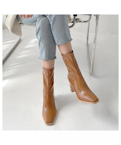 Ankle Booties Women Wide Calf Patent Leather Stacked Heel Square Toe Non Slip Stretch Mid Calf Shoes for Casual Brown $27.03 ...