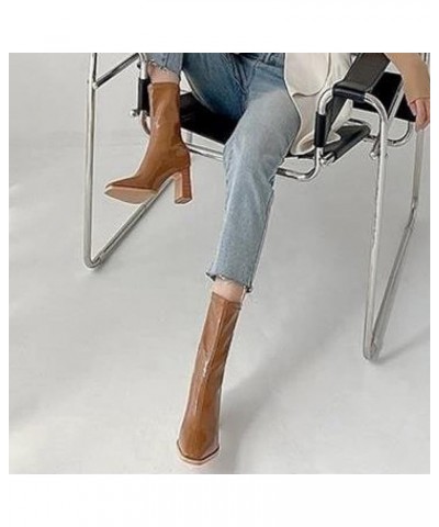 Ankle Booties Women Wide Calf Patent Leather Stacked Heel Square Toe Non Slip Stretch Mid Calf Shoes for Casual Brown $27.03 ...