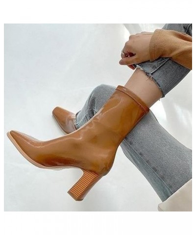 Ankle Booties Women Wide Calf Patent Leather Stacked Heel Square Toe Non Slip Stretch Mid Calf Shoes for Casual Brown $27.03 ...