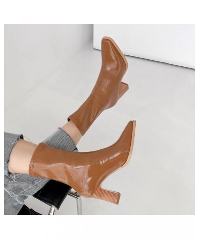 Ankle Booties Women Wide Calf Patent Leather Stacked Heel Square Toe Non Slip Stretch Mid Calf Shoes for Casual Brown $27.03 ...