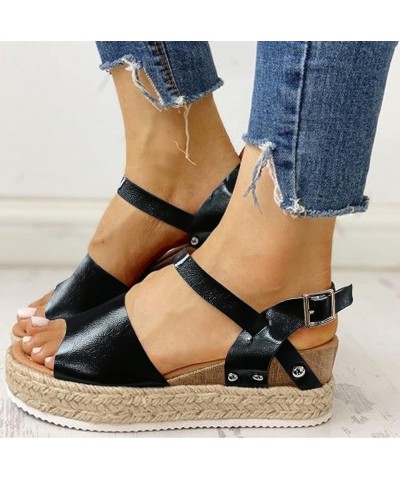 Women Retro Fashion Wedges Buckle Peep Sandals Strap Sandals Toe Summer Women's Casual Sandals for Women Wide Width (Black, 8...