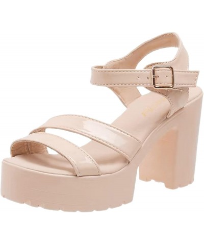 Chunky Sandals for Women High Heel Pump Sandals Solid Color Thick Soled Sandals Heel Sandals for Women A3-beige $17.74 Sandals