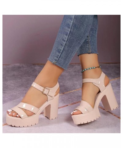 Chunky Sandals for Women High Heel Pump Sandals Solid Color Thick Soled Sandals Heel Sandals for Women A3-beige $17.74 Sandals