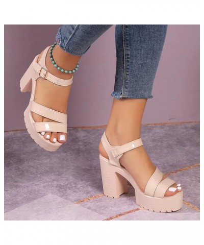 Chunky Sandals for Women High Heel Pump Sandals Solid Color Thick Soled Sandals Heel Sandals for Women A3-beige $17.74 Sandals