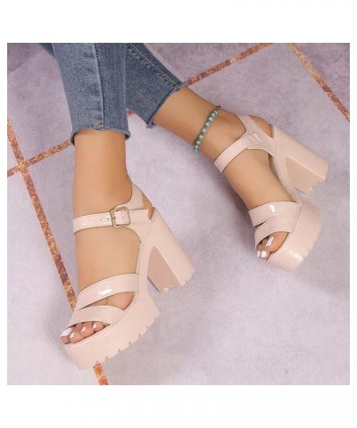 Chunky Sandals for Women High Heel Pump Sandals Solid Color Thick Soled Sandals Heel Sandals for Women A3-beige $17.74 Sandals