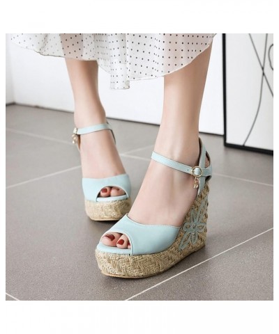 Womens Peep Toe Summer Fashion Ankle Strap Wedges Platform Espadrilles Sandals Blue $25.62 Sandals