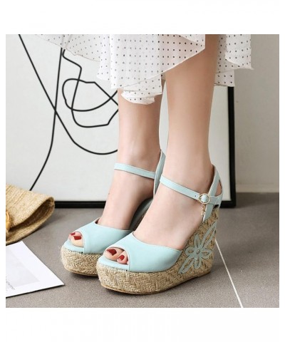 Womens Peep Toe Summer Fashion Ankle Strap Wedges Platform Espadrilles Sandals Blue $25.62 Sandals