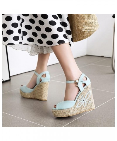 Womens Peep Toe Summer Fashion Ankle Strap Wedges Platform Espadrilles Sandals Blue $25.62 Sandals