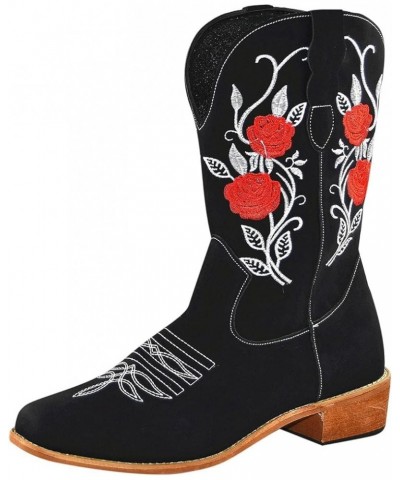 Women Flower Embroidered Ankle Cowgirl Boots Round Toe Western Boots Chunky Heel Pull On Mid Calf Short Boots Black $14.81 Boots