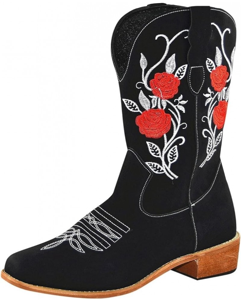 Women Flower Embroidered Ankle Cowgirl Boots Round Toe Western Boots Chunky Heel Pull On Mid Calf Short Boots Black $14.81 Boots