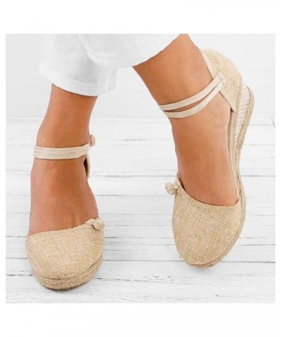 Retro Canvas Sandals for Women Ladies Casual Closed Toe Slip on Wedge Sandals Ankle Strap Dressy Singles Shoes 6 Beige $17.20...