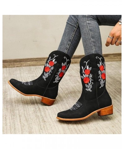 Women Flower Embroidered Ankle Cowgirl Boots Round Toe Western Boots Chunky Heel Pull On Mid Calf Short Boots Black $14.81 Boots