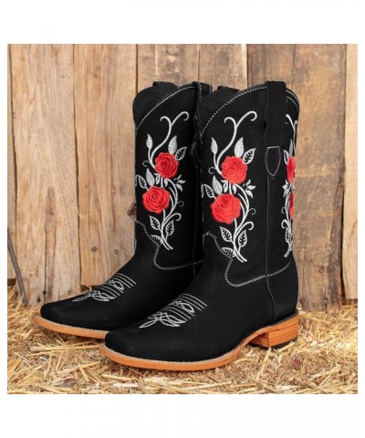 Women Flower Embroidered Ankle Cowgirl Boots Round Toe Western Boots Chunky Heel Pull On Mid Calf Short Boots Black $14.81 Boots