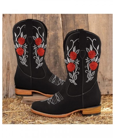 Women Flower Embroidered Ankle Cowgirl Boots Round Toe Western Boots Chunky Heel Pull On Mid Calf Short Boots Black $14.81 Boots