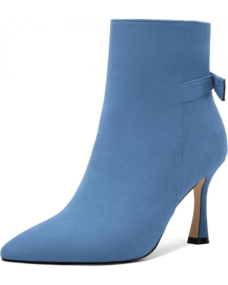 Womens Dating Sexy Solid Zip Pointed Toe Suede Stiletto High Heel Ankle High Boots 3.3 Inch Sky Blue $36.11 Boots