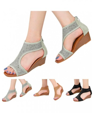 Fashion Spring Summer Women Sandals Wedge Heel Open Toe Breathable Back Zipper Comfortable Solid Rhinestone Roman Style Platf...