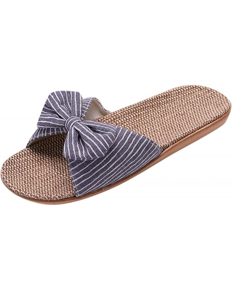 Bow Slippers Sandals for Women,Summer Fashion Anti-slip Linen Home Indoor Open Toe Espadrilles Anti-slip Flat Shoes Dark Blue...