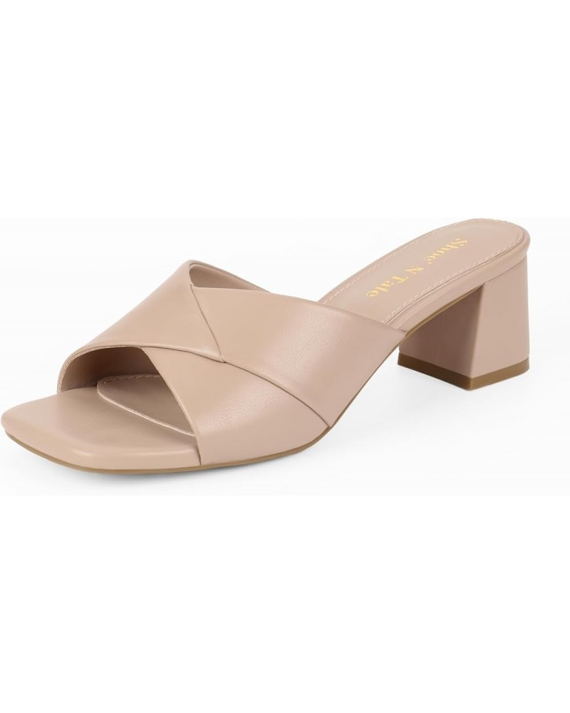 Chunky Heels for Women Square Open Toe Low Block Heeled Sandals Comfortable Slip On Mules Dressy Shoes Nude $24.35 Sandals