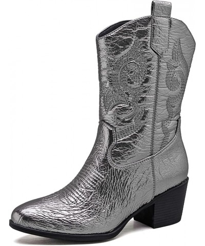 Women's Mid Calf The Western Cowgirl Boots Fashion Cowboy Boots For Women Chunky Low Heel 19yy17dark Silver $37.00 Boots