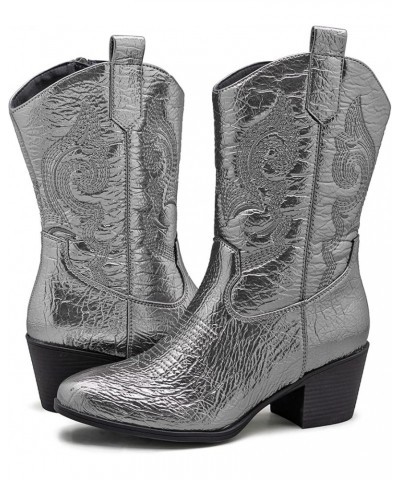 Women's Mid Calf The Western Cowgirl Boots Fashion Cowboy Boots For Women Chunky Low Heel 19yy17dark Silver $37.00 Boots